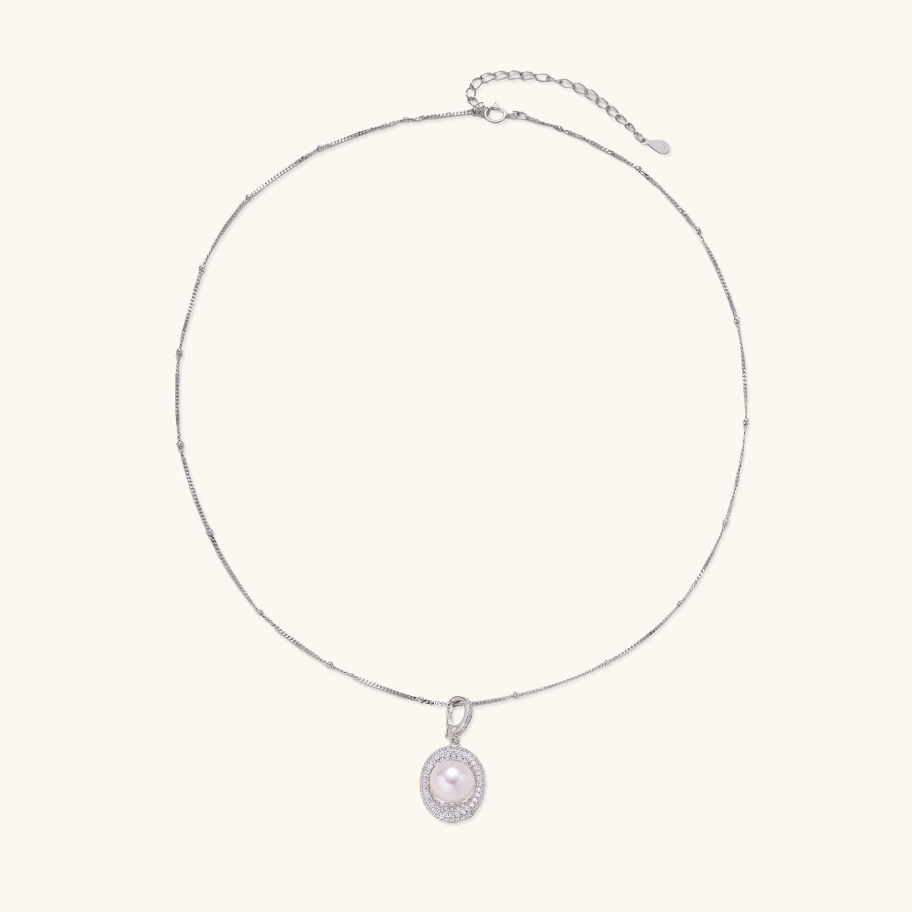 Sterling silver necklace with freshwater pearl in sparkling crystal halo pendant on delicate beaded chain