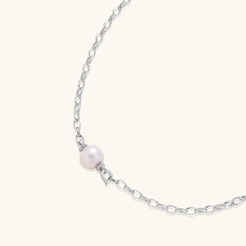 Sterling silver chain necklace with single white freshwater pearl centerpiece on neutral background, 445mm length.