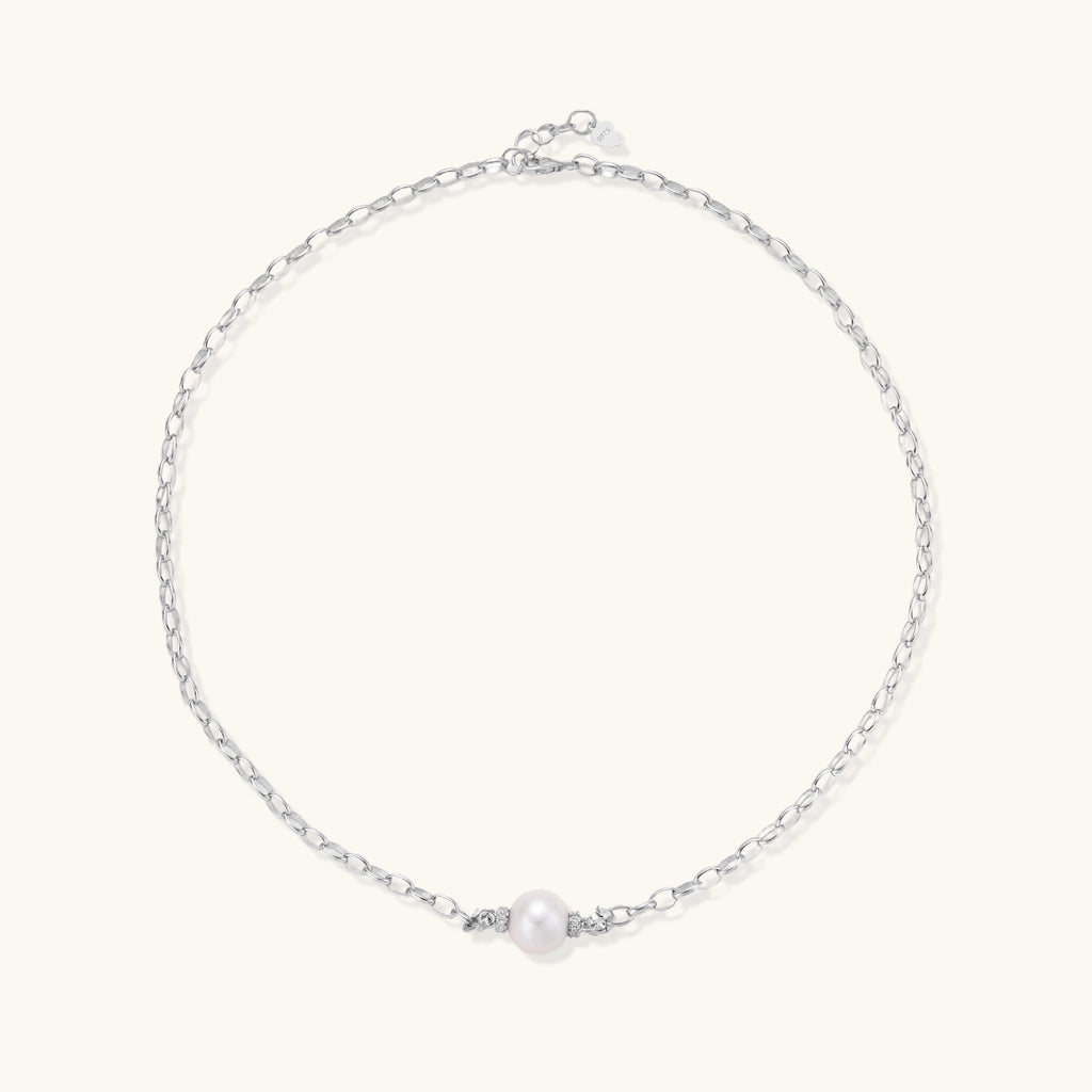Sterling silver chain necklace with single white freshwater pearl centerpiece on neutral background, 445mm length.