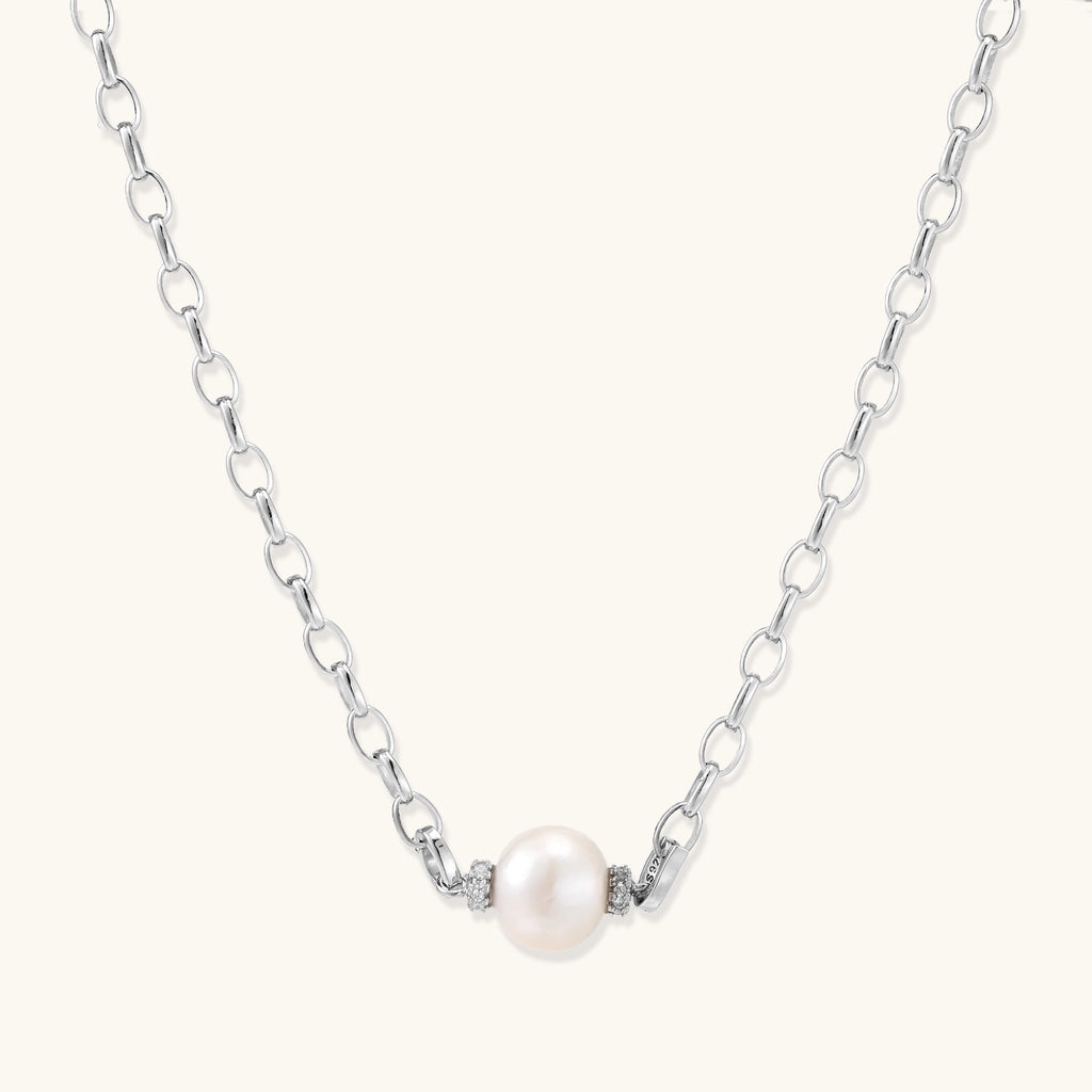 Sterling silver chain necklace with single white freshwater pearl centerpiece on neutral background, 445mm length.