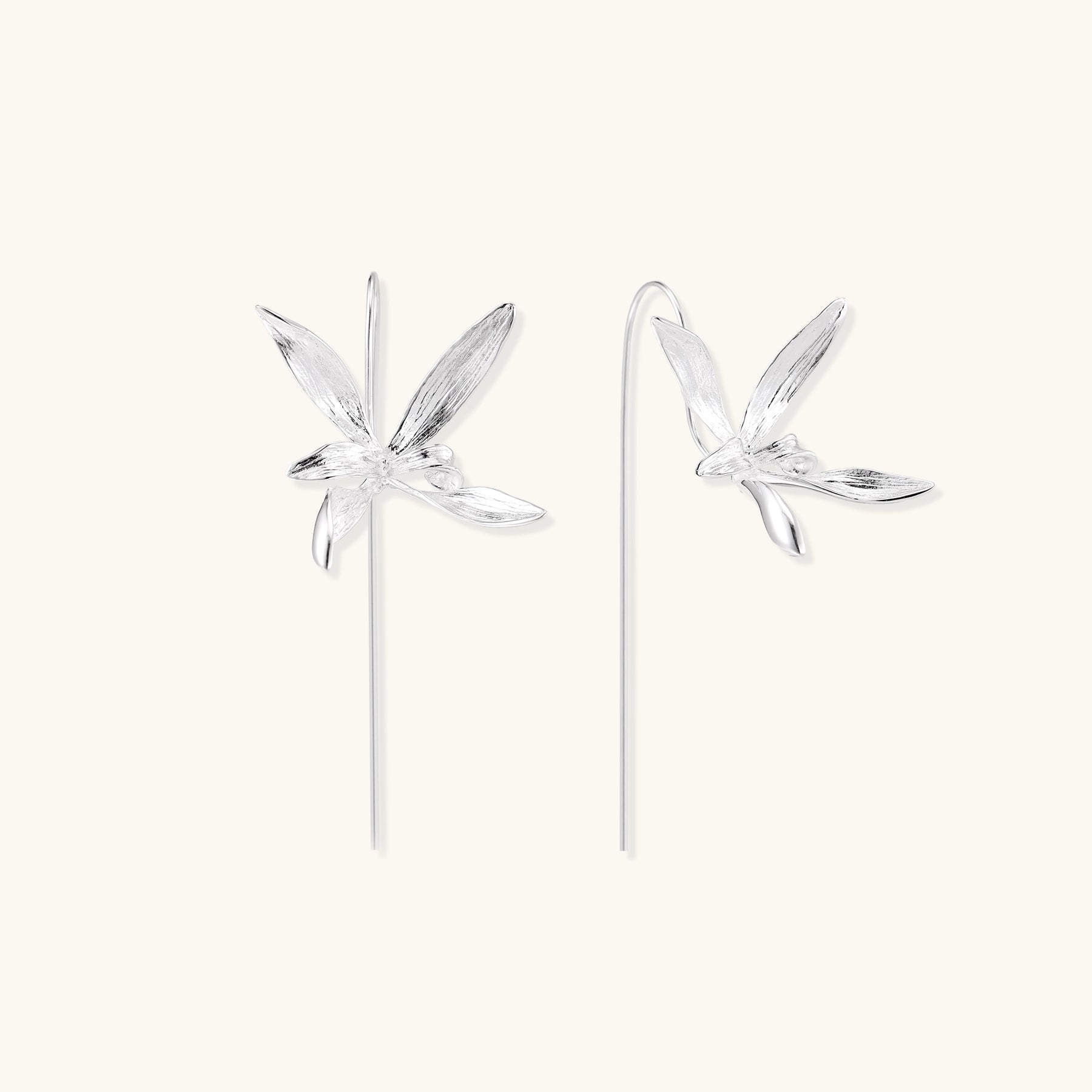Delicate sterling silver flower earrings with long threader posts and five-petal design on white background.