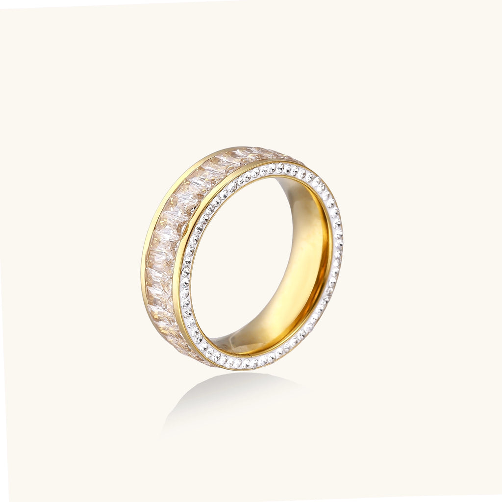 Close-up of a gold-plated eternity ring featuring two parallel rows of brilliant zirconia stones on white background.