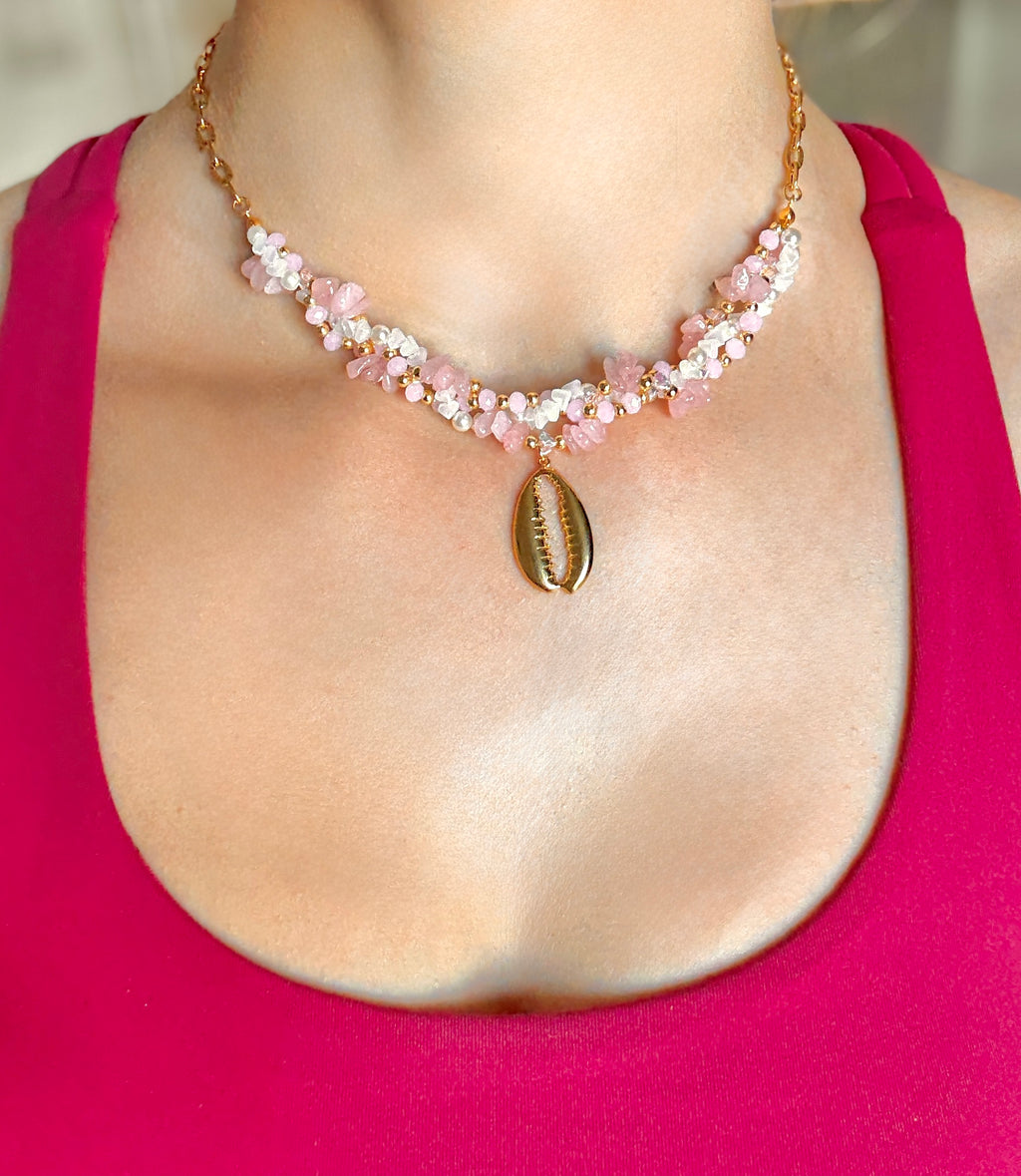 Pink Quartz Shelly Necklace Bracelet Set