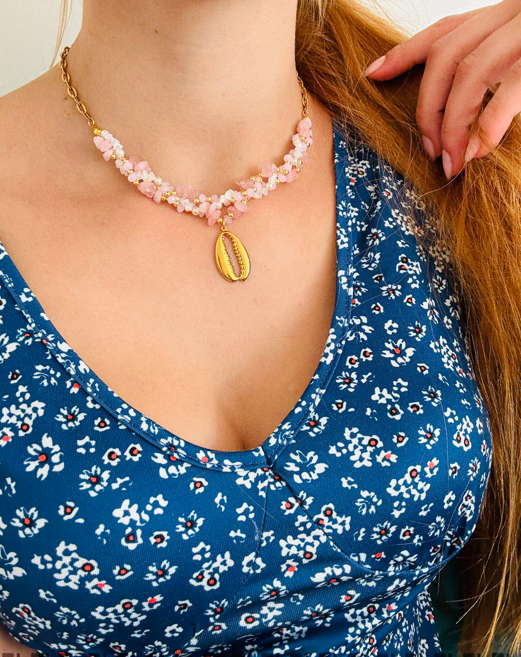 Pink Quartz Shelly Necklace Bracelet Set