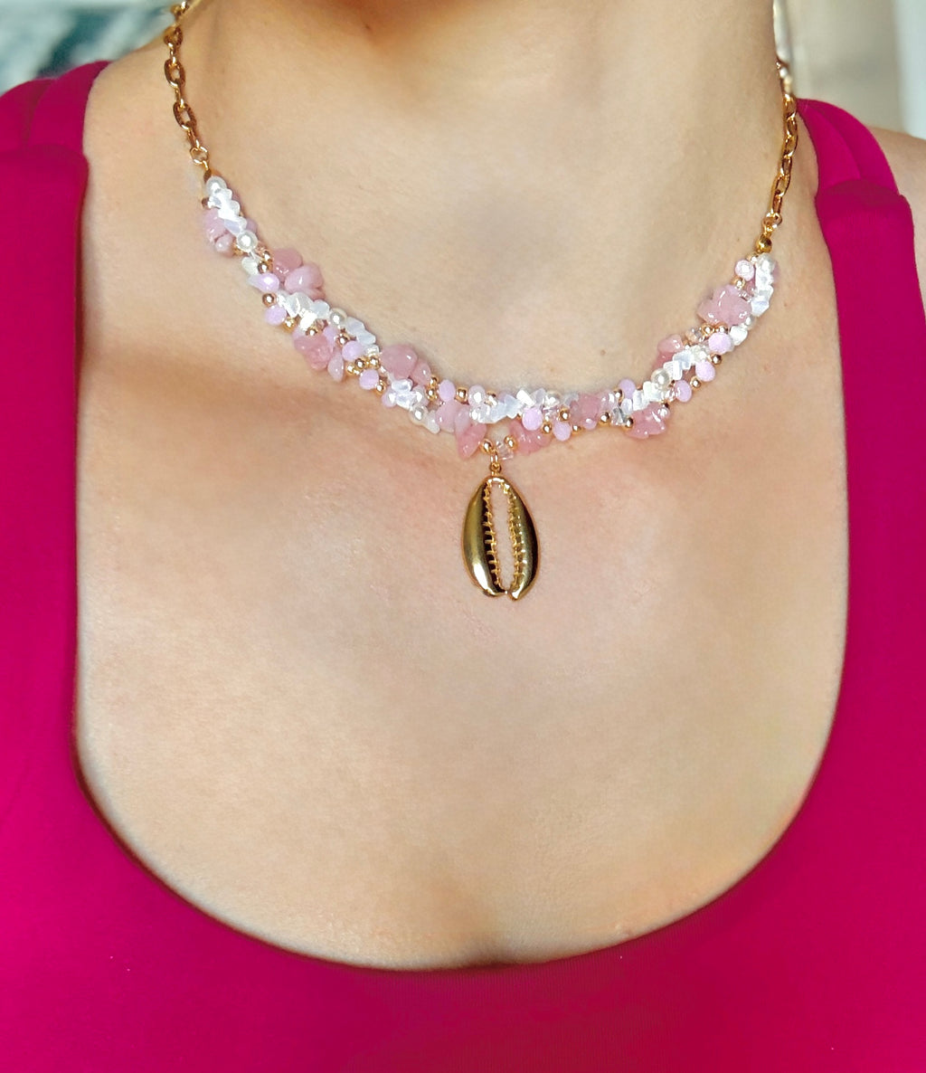 Pink Quartz Shelly Necklace Bracelet Set